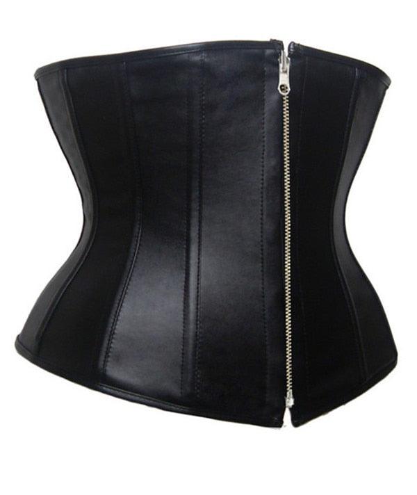 Black Faux Leather Zip Underbust Corset Bustier Women Waist Cincher