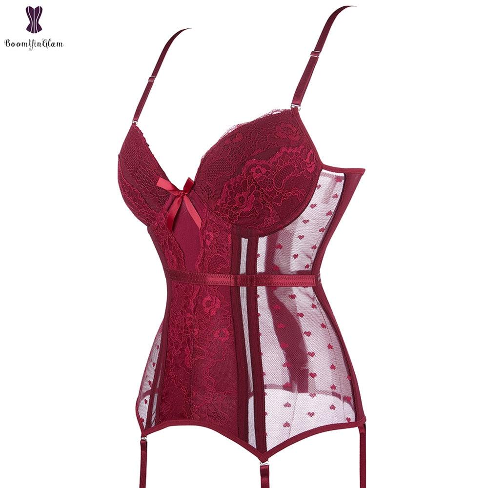 Heart Print Slimming Corset Bustier with Adjustable Straps and Back Hooks