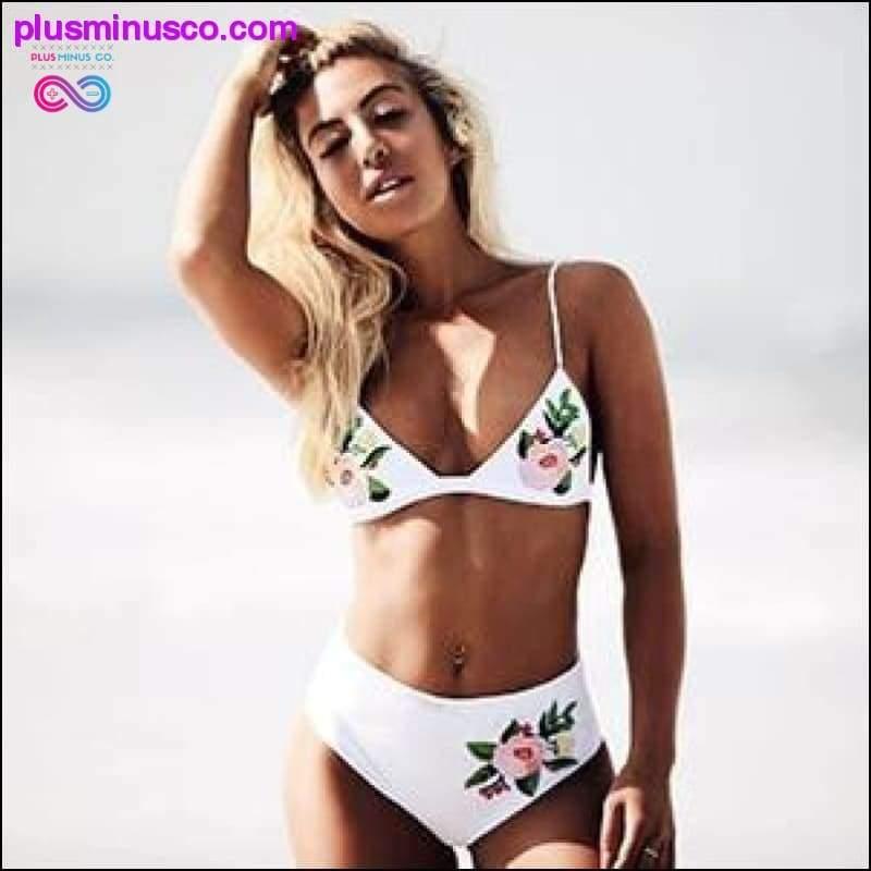 High Waist Sexy Embroidery Floral Bikini Sets Hollow White