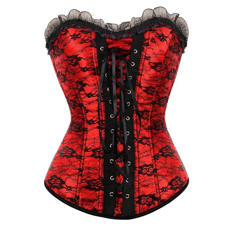 Lace Cover Overbust Corset Lace Up Boned Waist and Body Shaper