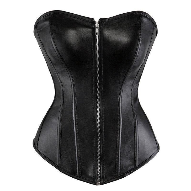 Leather corset lace up zipper shiny bustier overbust