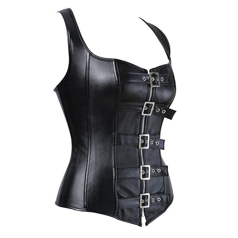 Leather Top Zip Leather Corset Buckle Bustier