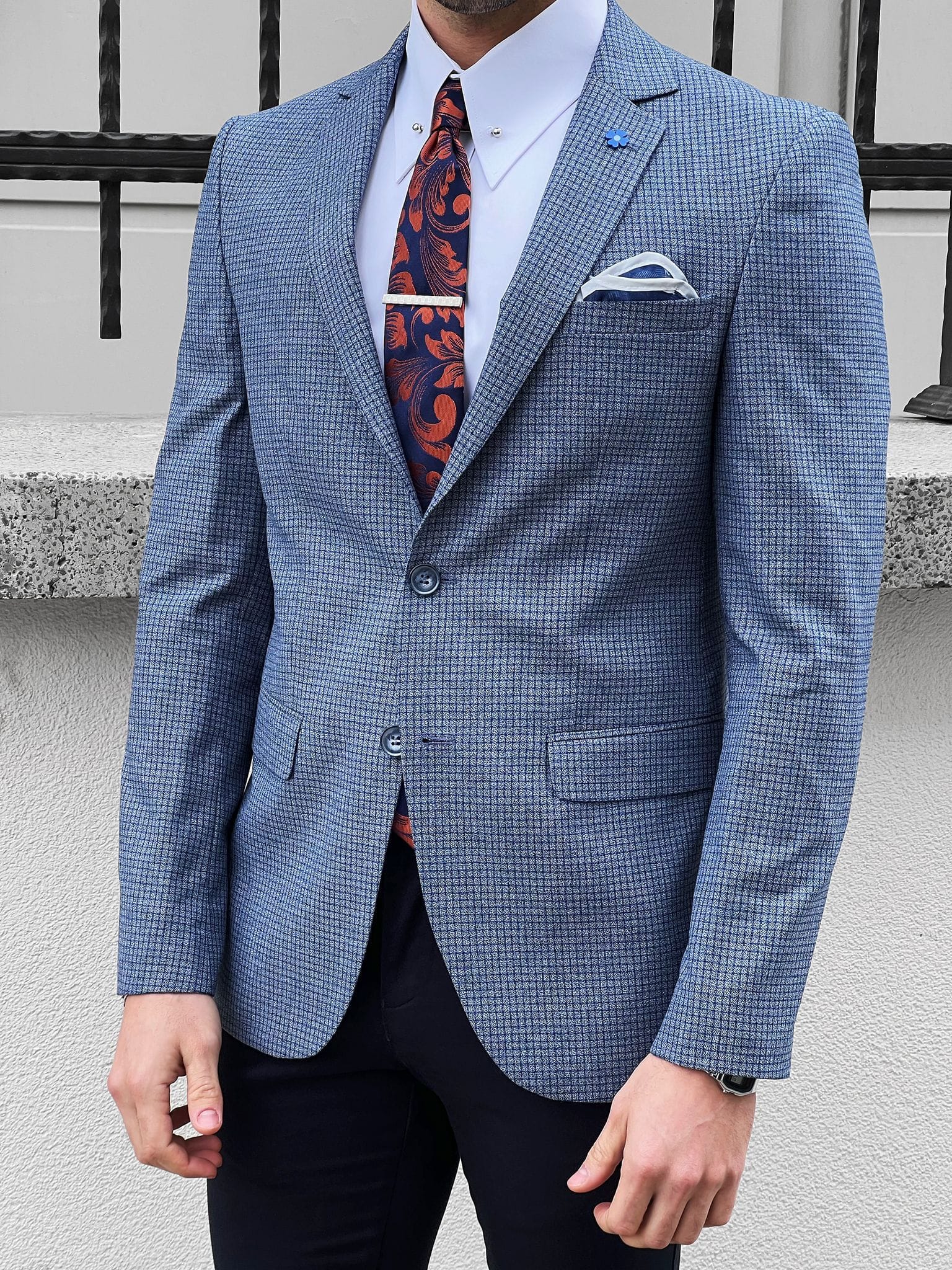 Patterned Slim-fit Mono Collar Blue Gray Jacket