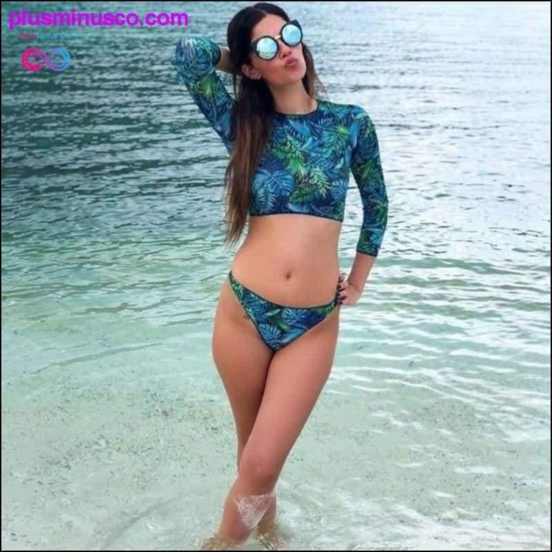 Printed Long Sleeve Bikini Thong Swimsuit Crop Top Bikini