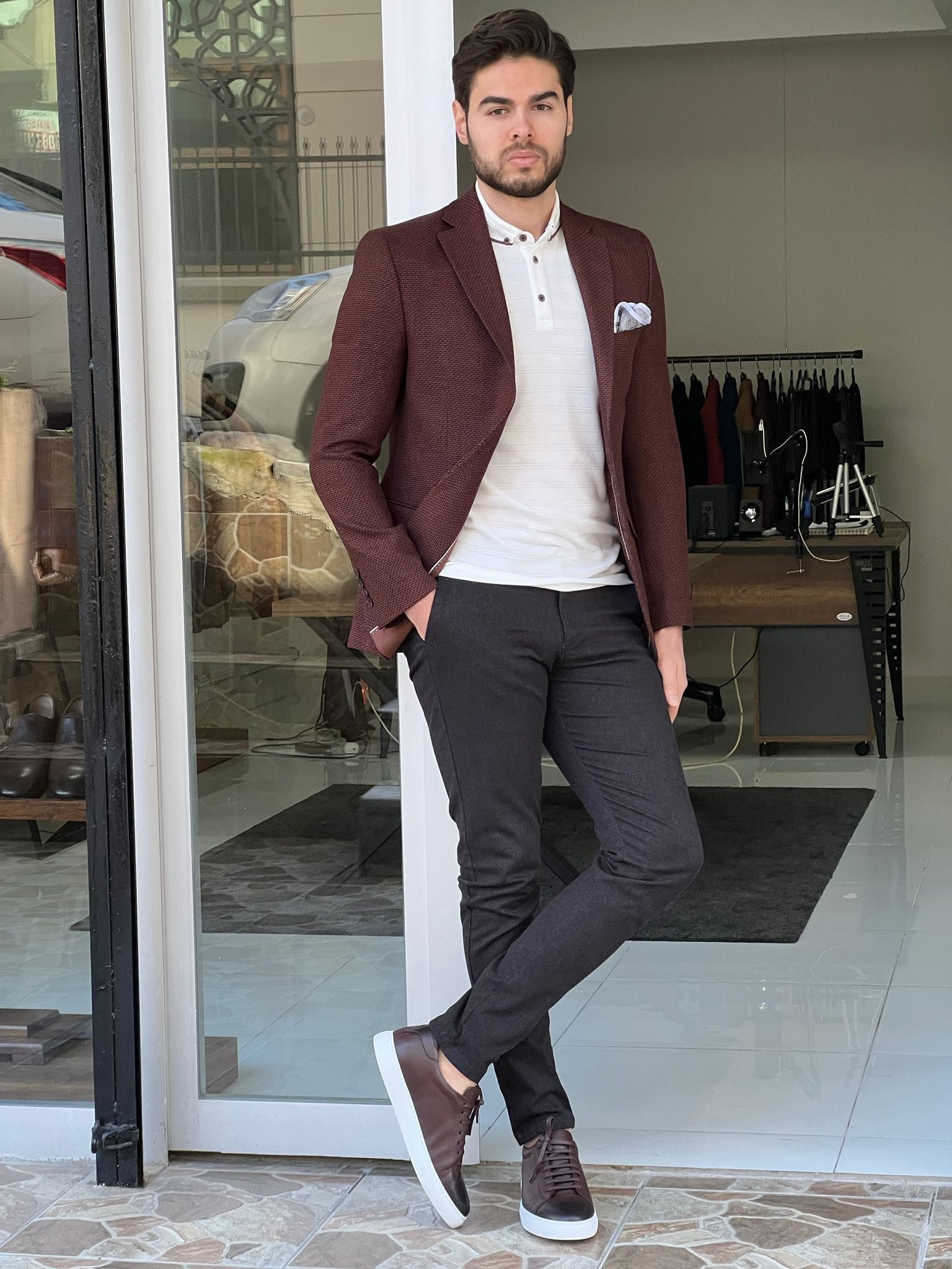 Slim Fit Knitted Brown Jacket