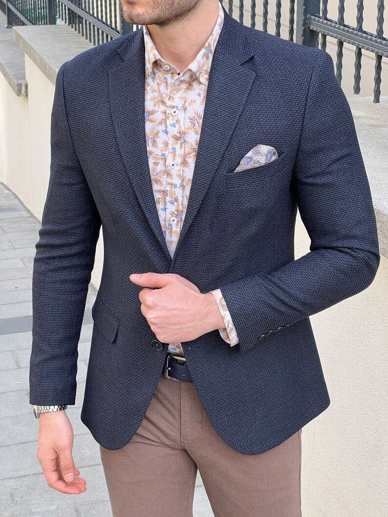 Slim Fit Knitted Textured Navy Blue Men's Blazer