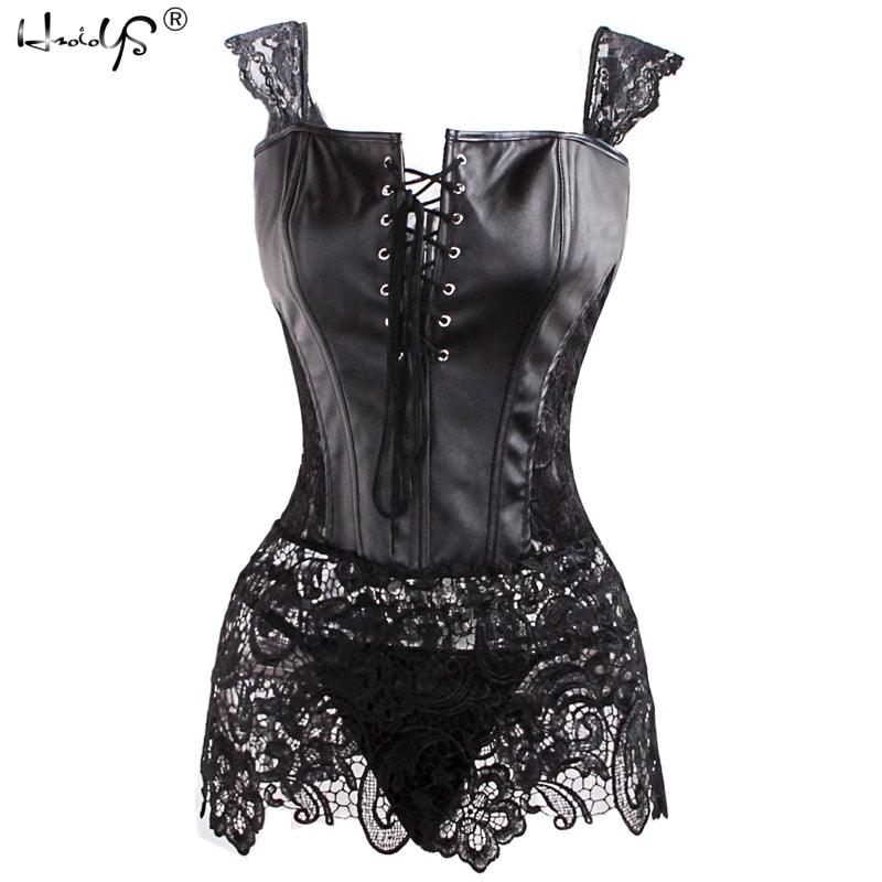 Steampunk Glam Faux Leather and Lace Corset Set with G-String