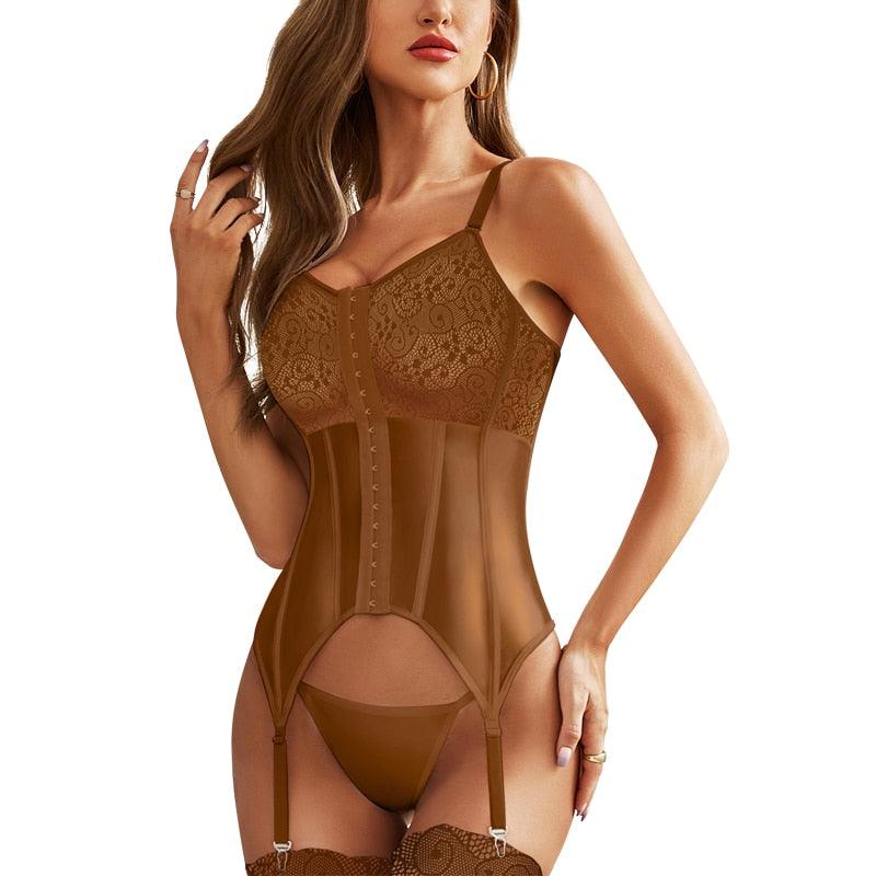 Strappy Lace Corset Lingerie and Push-Up Bra