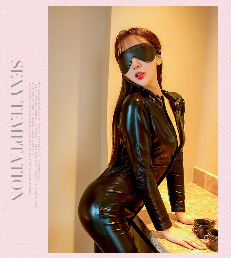 Unleash Your Dark Side with the Ultimate Patent Leather Jumpsuit Vinyl Latex Bondage Catsuit Zip Wetlook