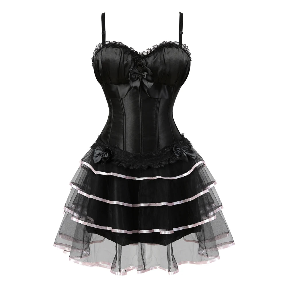 Victorian Corset Dress Burlesque Bustiers with Tutu Skirt Lace Up Strap