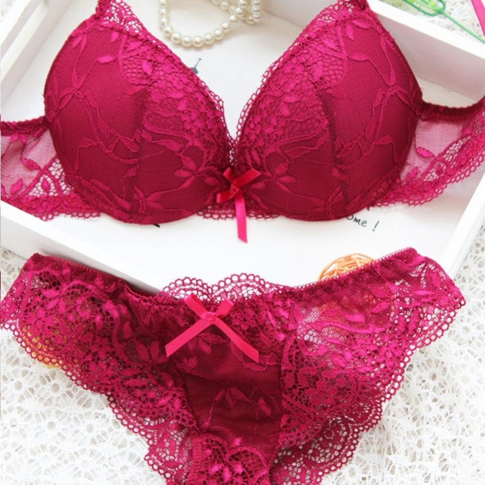 Women Lady Cute Underwear Satin Lace Embroidery Bra Set