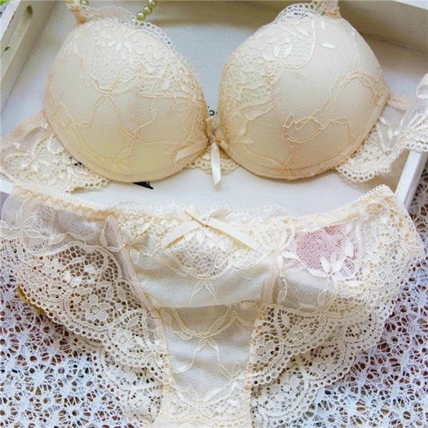 Women Lady Cute Underwear Satin Lace Embroidery Bra Set