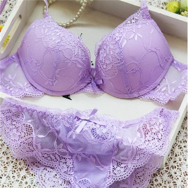 Women Lady Cute Underwear Satin Lace Embroidery Bra Set