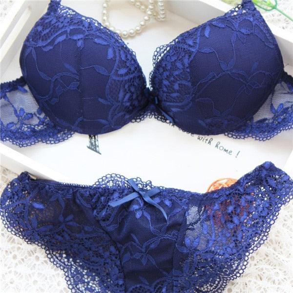 Women Lady Cute Underwear Satin Lace Embroidery Bra Set