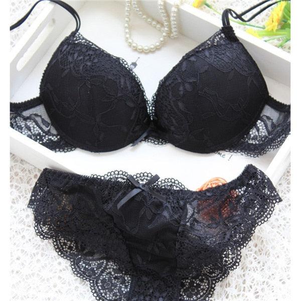 Women Lady Cute Underwear Satin Lace Embroidery Bra Set