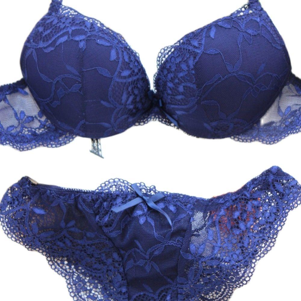 Women Lady Cute Underwear Satin Lace Embroidery Bra Set